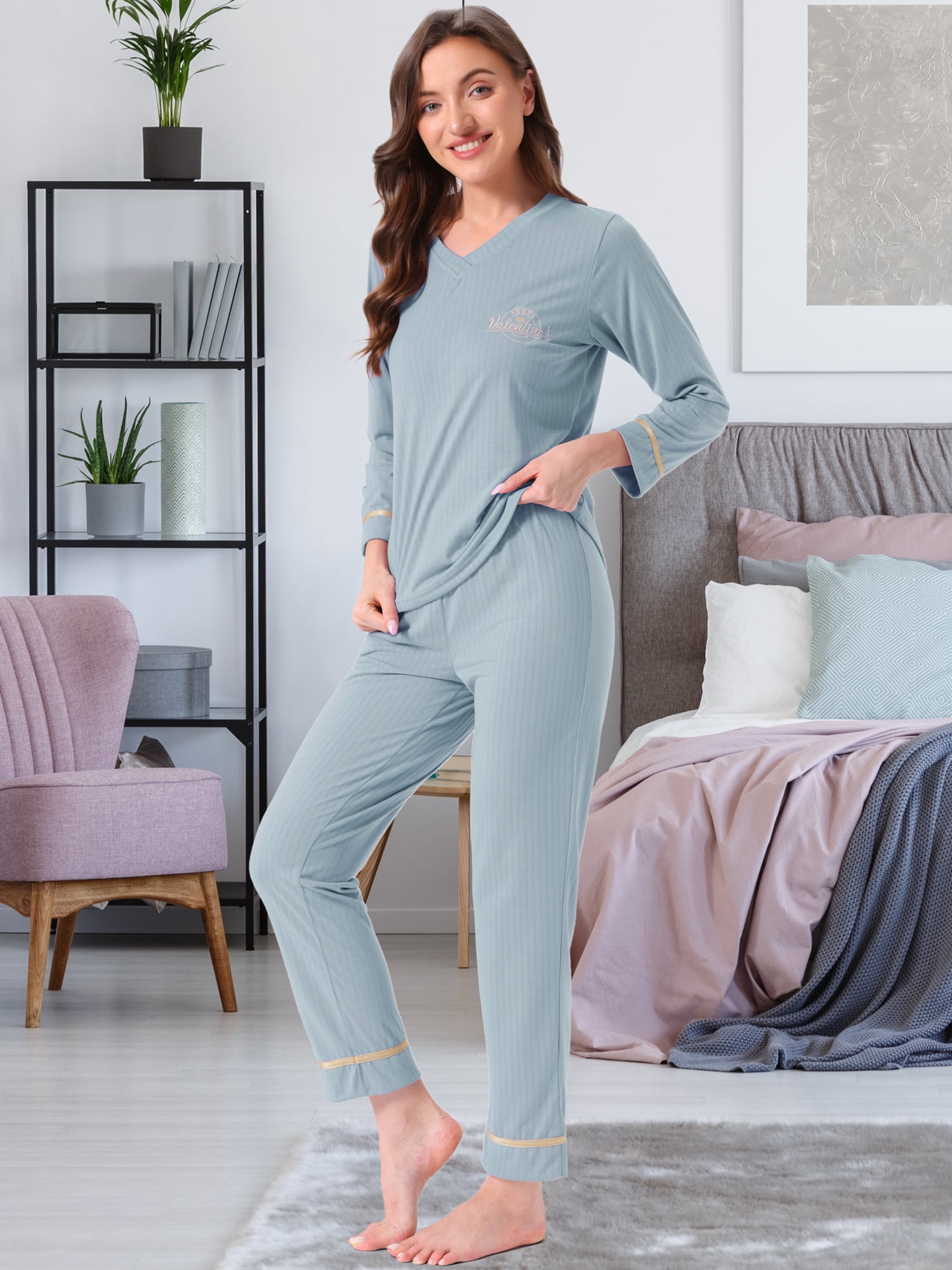 DARING DIVA Women's Cotton Ribbed Pullover V-neck Tops with Bottoms Pajama Sets S Blue