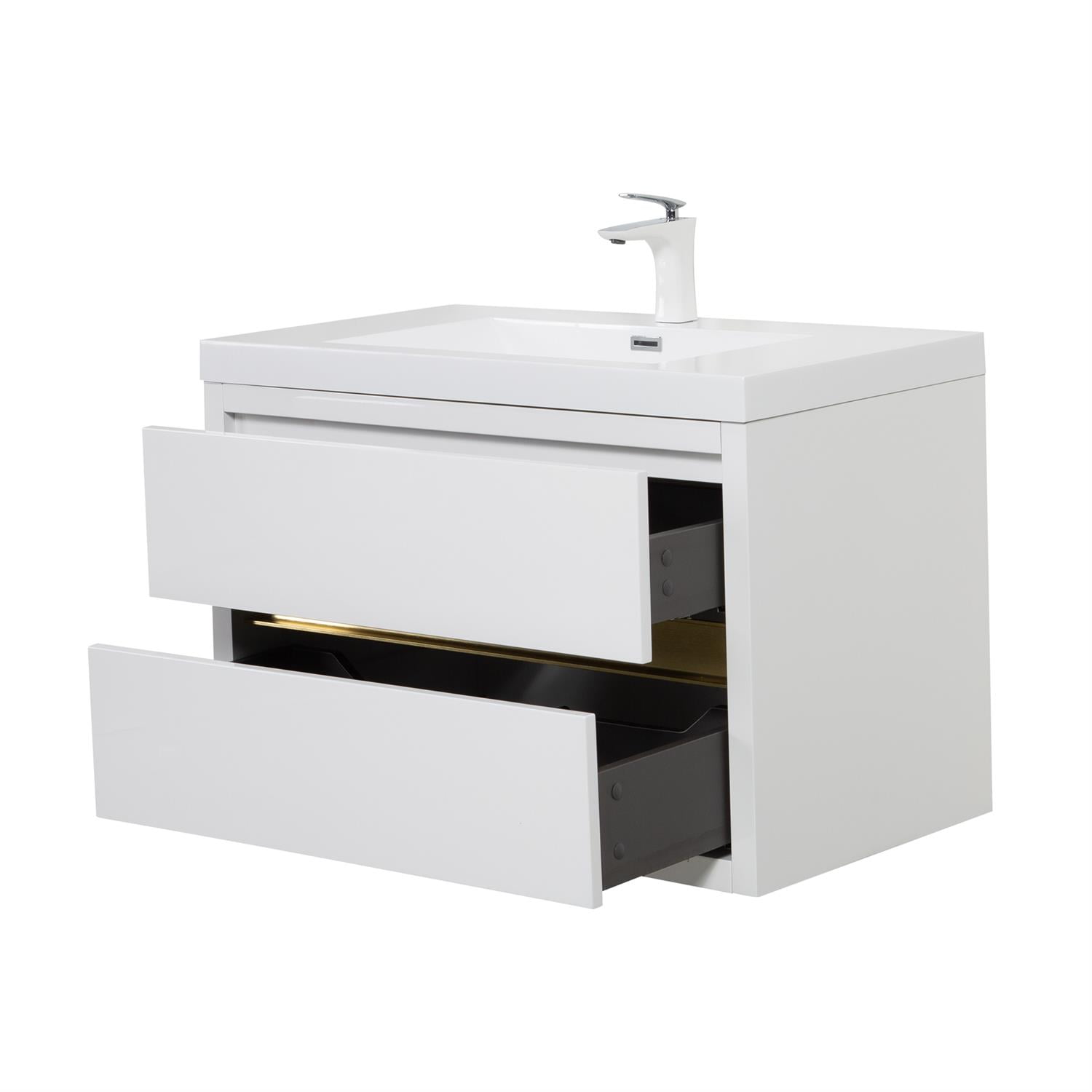 Demi Bonn 29" Wall-Mounted Bathroom Vanity with Sink, Stone Resin Countertop and 2 Soft Close Drawers, Faucets and Drains Not Included, White