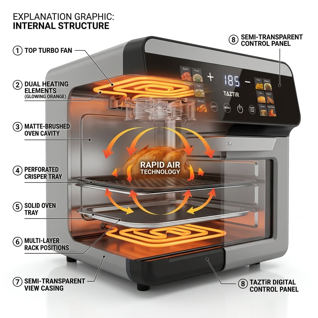 TAZTIR Air Fryer Oven Combo, 12.7 qt, Black, 12 Cooking Presets, Dish Sanitizing Mode, Digital Countertop Oven