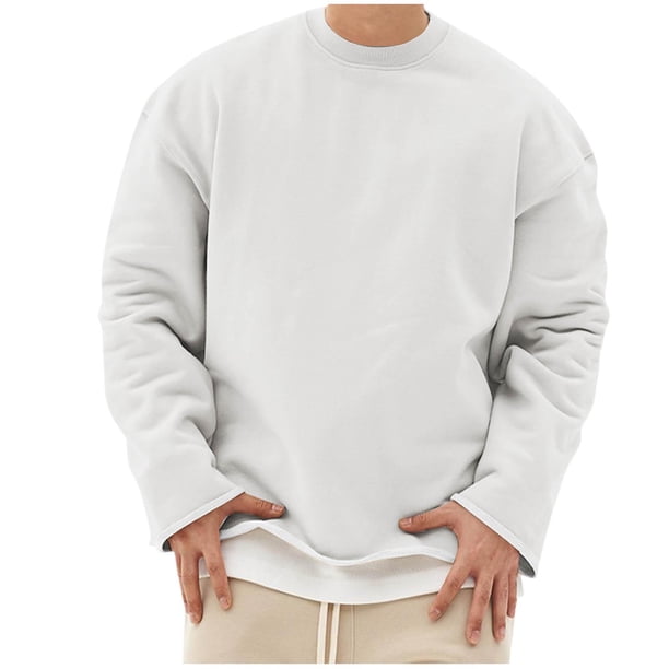 Blusas y camisas de manga larga y cuello redondo para hombre, estilo casual, de color liso, de algodón.