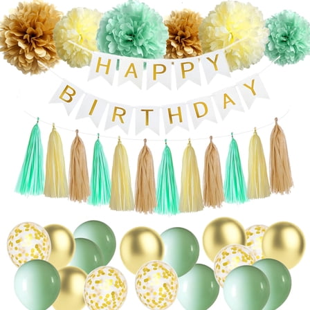 Wiletasz Teal Green Birthday Decorations, Green KKS1 and Gold Birthday Decorations with Balloons Banner Tassels Paper Pompoms for Girls Women