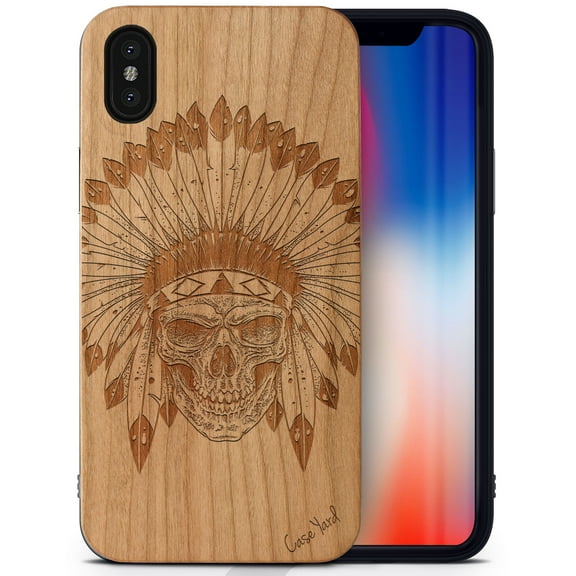 Case Yard Wooden Case Outside Soft TPU Silicone, Slim Fit Shockproof Wood Protective Phone Cover for Girls Boys Men and Women, Supports Wireless Charging Skull Feather Design case for iPhone-XS-Max