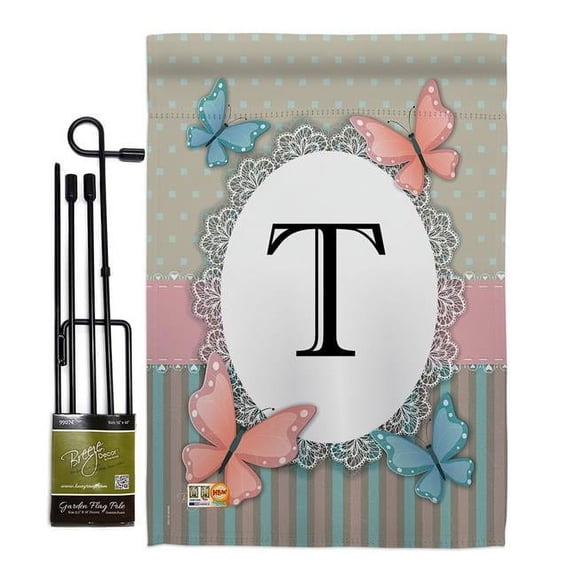 Breeze Decor BD-BG-GS-130150-IP-BO-D-US14-BD 13 x 18.5 in. Butterflies T Initial Garden Friends Bugs & Frogs Impressions Decorative Vertical Double Sided Flag Set with Banner Pole