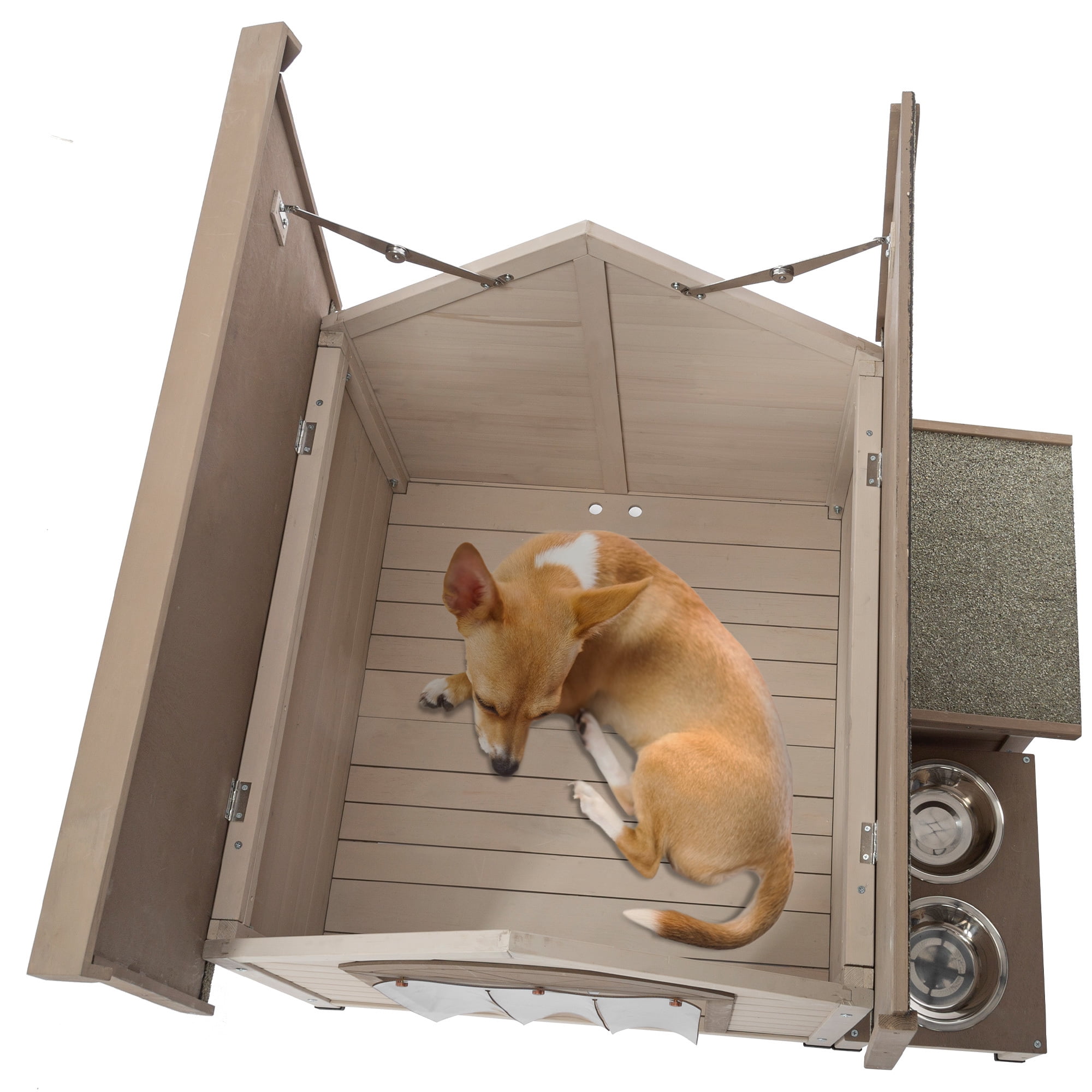 Aukfa Wooden Dog House, Outdoor Shelter for Small to Medium Dog up to 60lbs with Storage, Feed Bowls