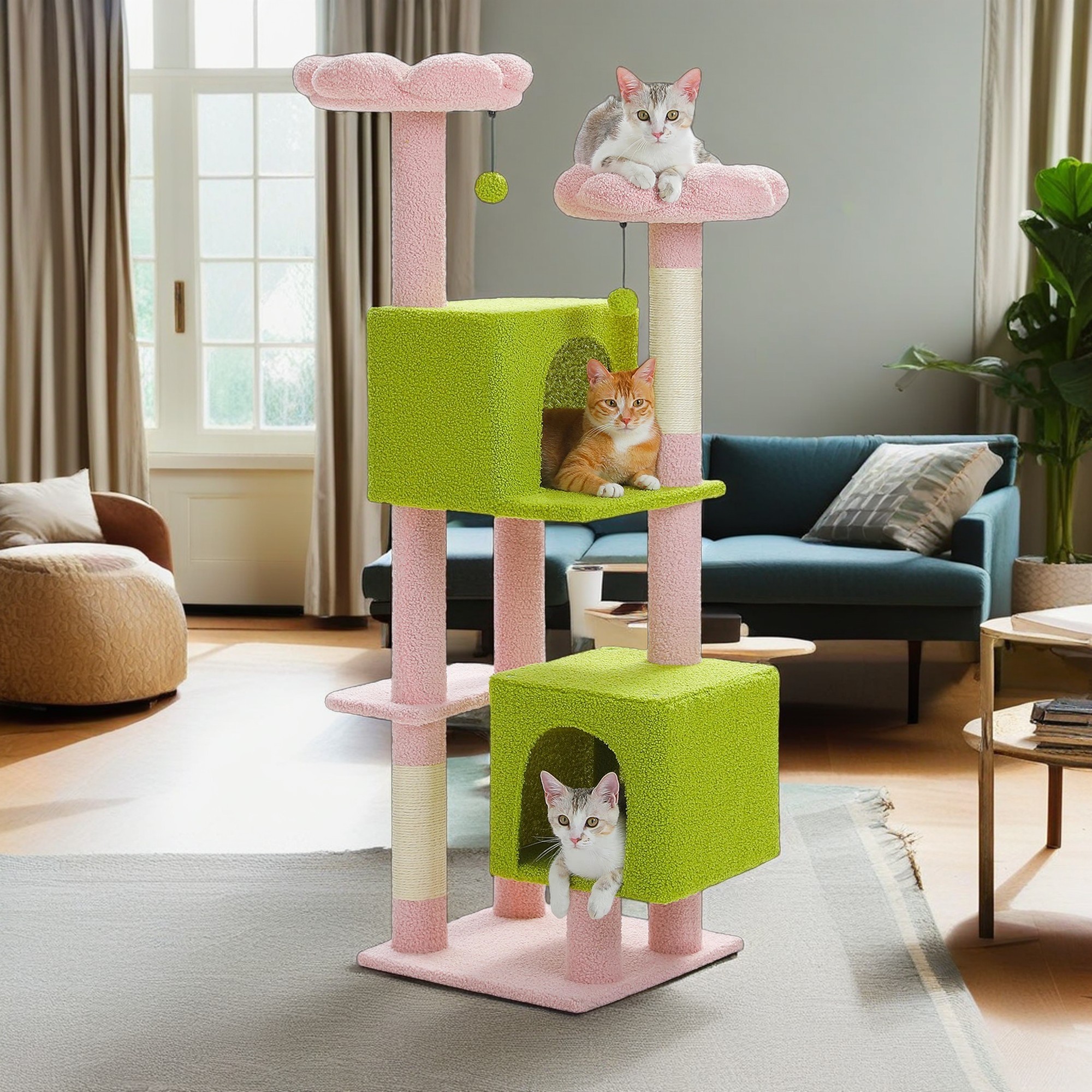resenkos 52" Cat Tree Tower with 2 Scratching Posts, 2 Perches, 2 Caves, Pompoms, Multi-Level Plush Cat Condo for Indoor Cats, Pink