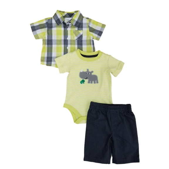 Infant Boys 3 Piece Baby Outfit Green & Gray Plaid Shirt Pants & Rhino Bodysuit