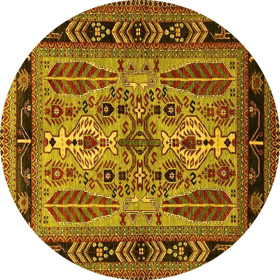 Ahgly Company Machine Washable Indoor Round Oriental Yellow Industrial Area Rugs, 8' Round