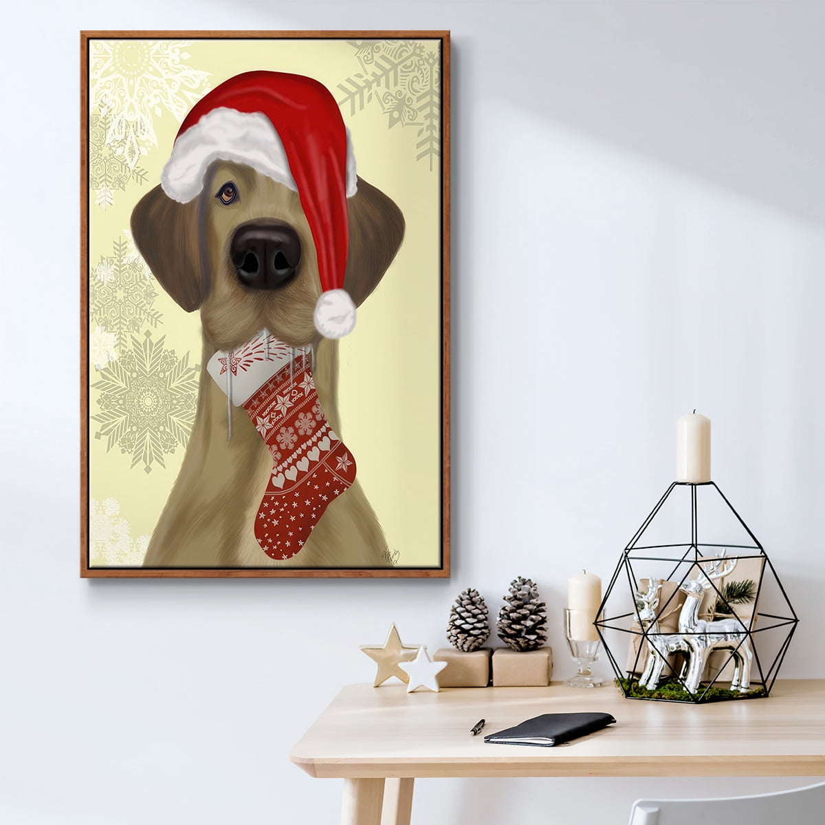 Christmas Drooly Christmas Dane - Framed Gallery Wrapped Holiday Canvas - 27 x 41 - Rosewood Frame