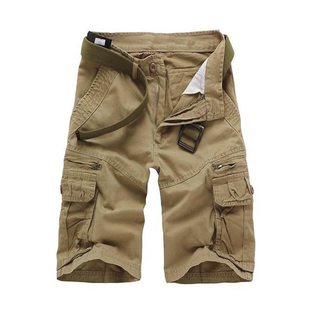 Mens Shorts Carga Estilo Recortado con Bolsillos de Botón de Cremallera, Pantalones Cortos Casuales de Poliéster Sólido para Hombre