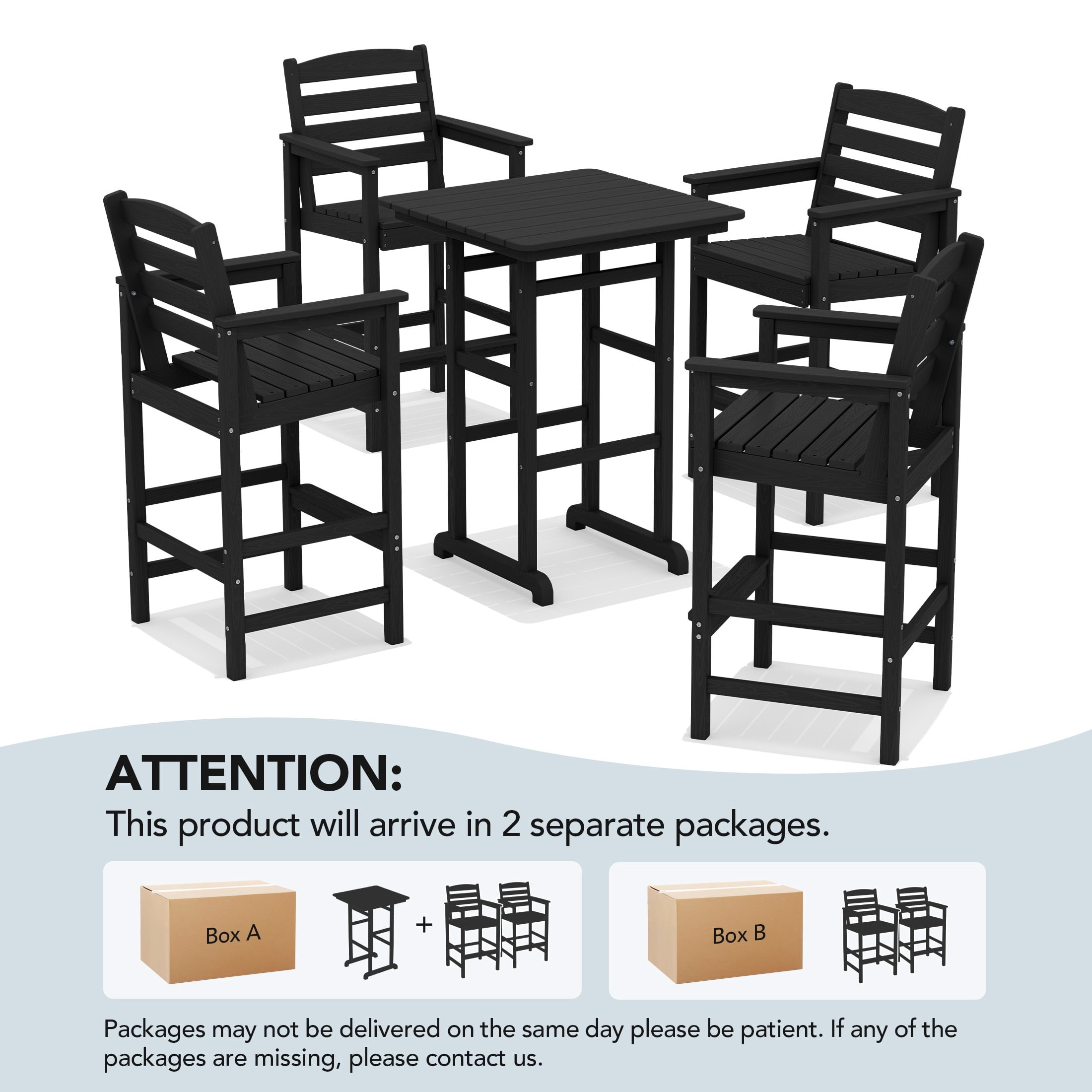 RIAFUN HDPE Outdoor Bar Set of 5 - 1 Height Bar Table & 4 Oversized Wide Seat Tall Adirondack Chairs, Weather Resistant for Patio, Poolside, Garden, Black