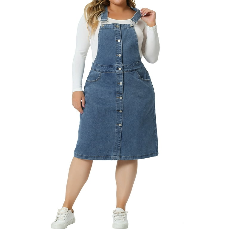 Agnes Orinda Women s Plus Size Denim Overall Midi Dress Button Front Adjustable Strap Suspender Jean Skirt Size XS Blue