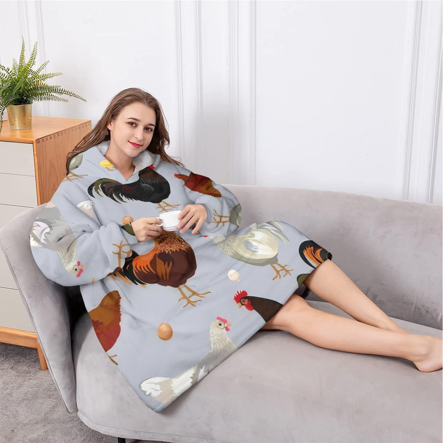 Oversized Wearable Blanket Hoodie,Gray Chicken Chick Egg Pattern Sherpa Blanket Hoodie with Super Pockets,Super Warm Fuzzy Pullover for Women & Men