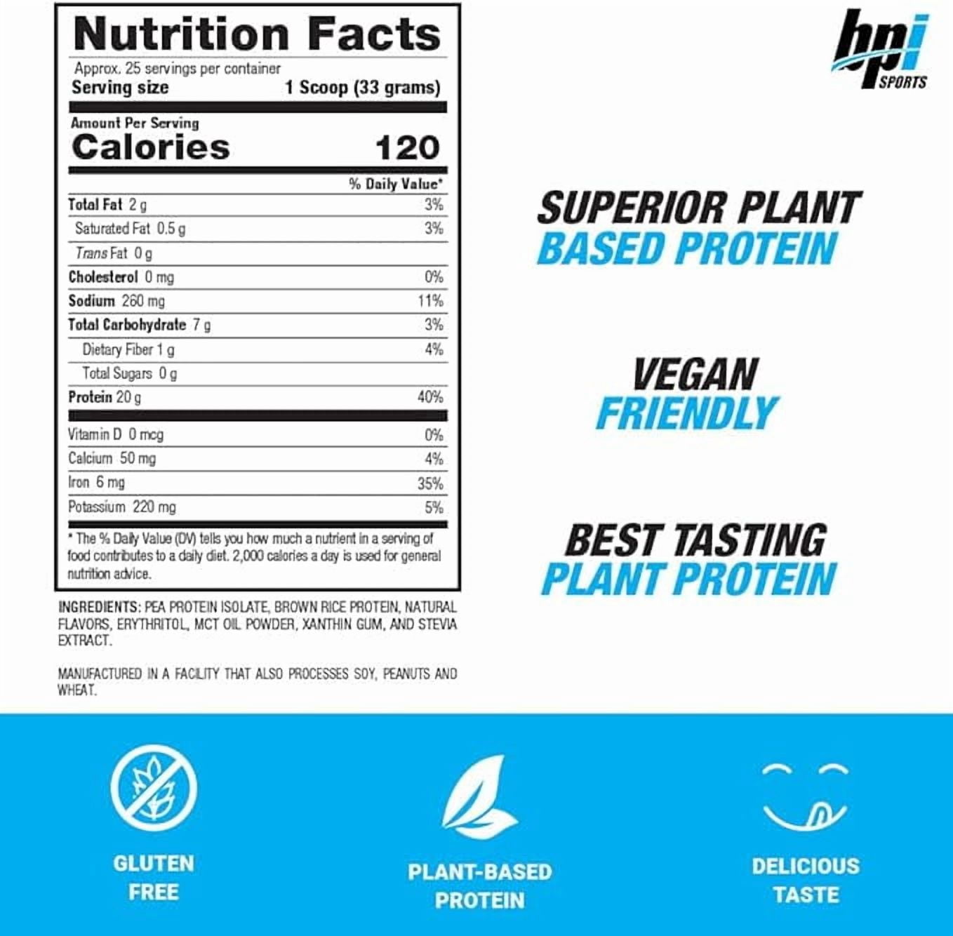 BPI Sports Vegan Protein Powder, Pea and Brown Rice Protein, Chocolate, 20g Protein, 1.9 lbs, 25 Servings