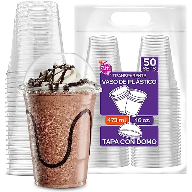 50 Vasos de Plástico de 16 oz (473 ml) con Tapa Tipo Domo Transparentes Best Trading VTD16-1