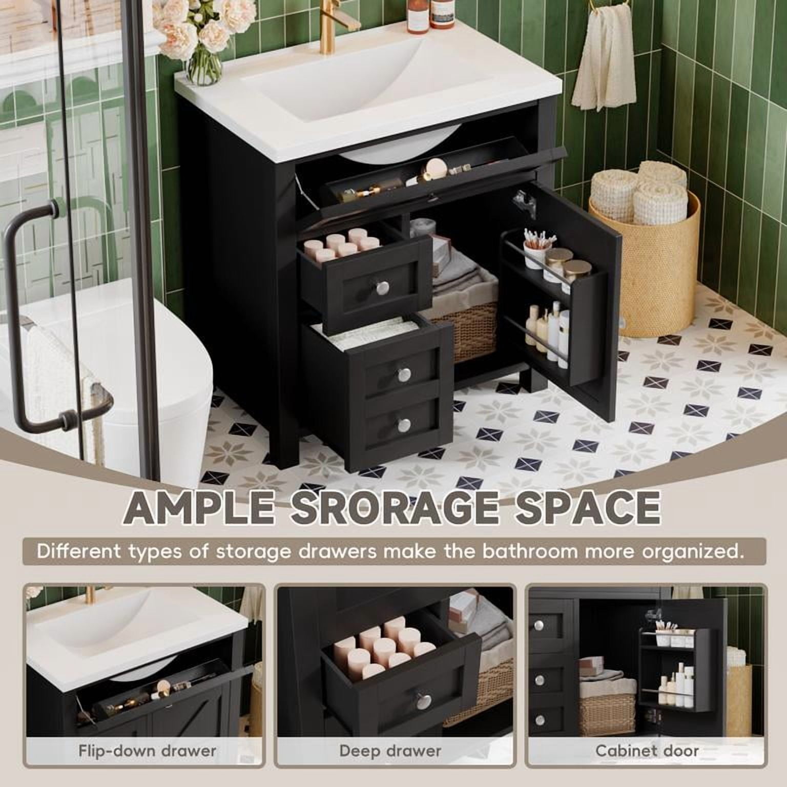 Lacoo 30'' Bathroom Vanity with Resin Sink, Wood Bathroom Storage Cabinet with Drawers and Shelves for Bathroom, Black