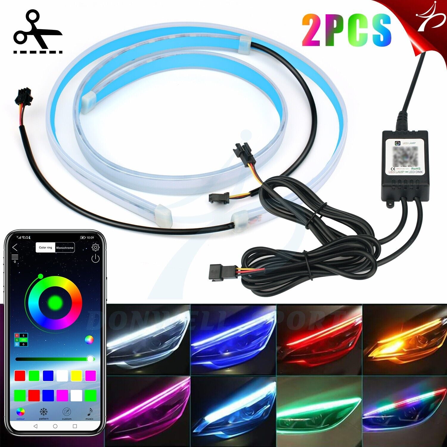 Htwon 2X 60CM RGB Slim Sequential Flexible LED DRL Light Strip Headlight APP Control