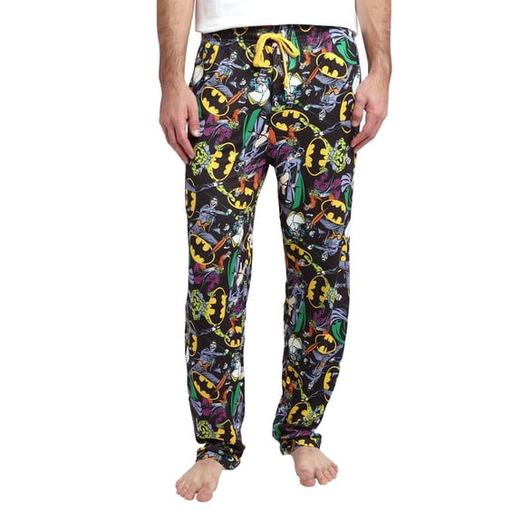 Batman Logos & DC Comics Characters All Over Print Mens Black Sleep Pajama Pants-M