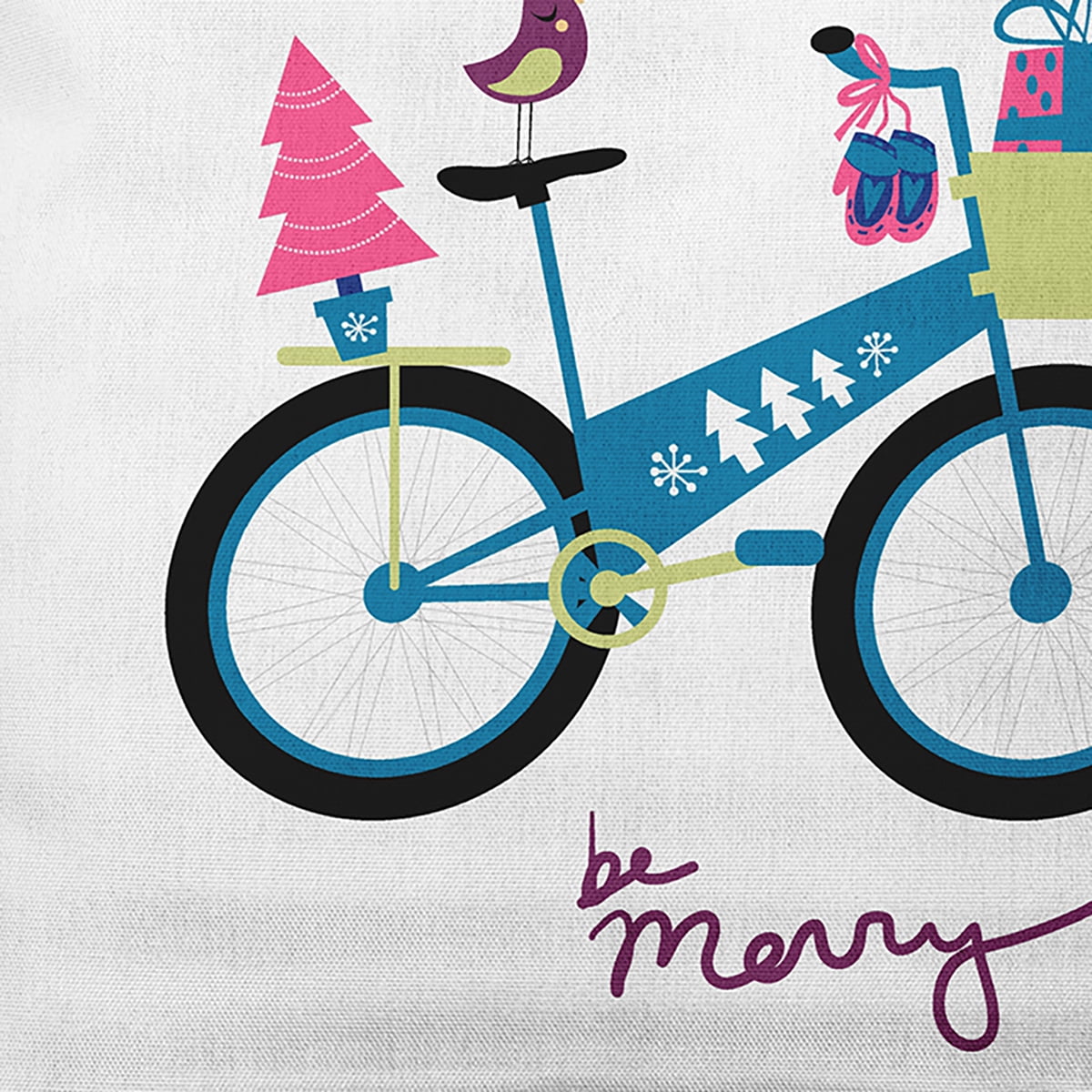 Simply Daisy Teal Colored Merry Bird Bike Christmas Soft Spun Polyester Indoor/Outdoor Throw Pillow, 16" x 16"