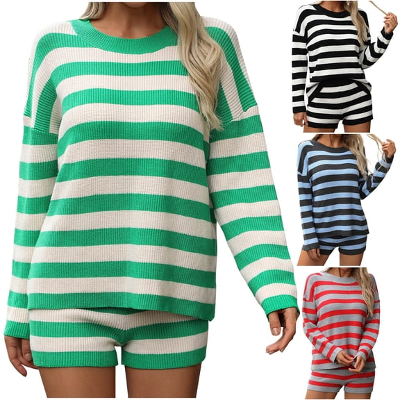YHAJDS Two Piece Set for Women,Womens Fall Winter Outfit Set Casual Striped Knit Crew Neck Long Sleeve Top with Pants Ladies Soft Warm Fashion Suit