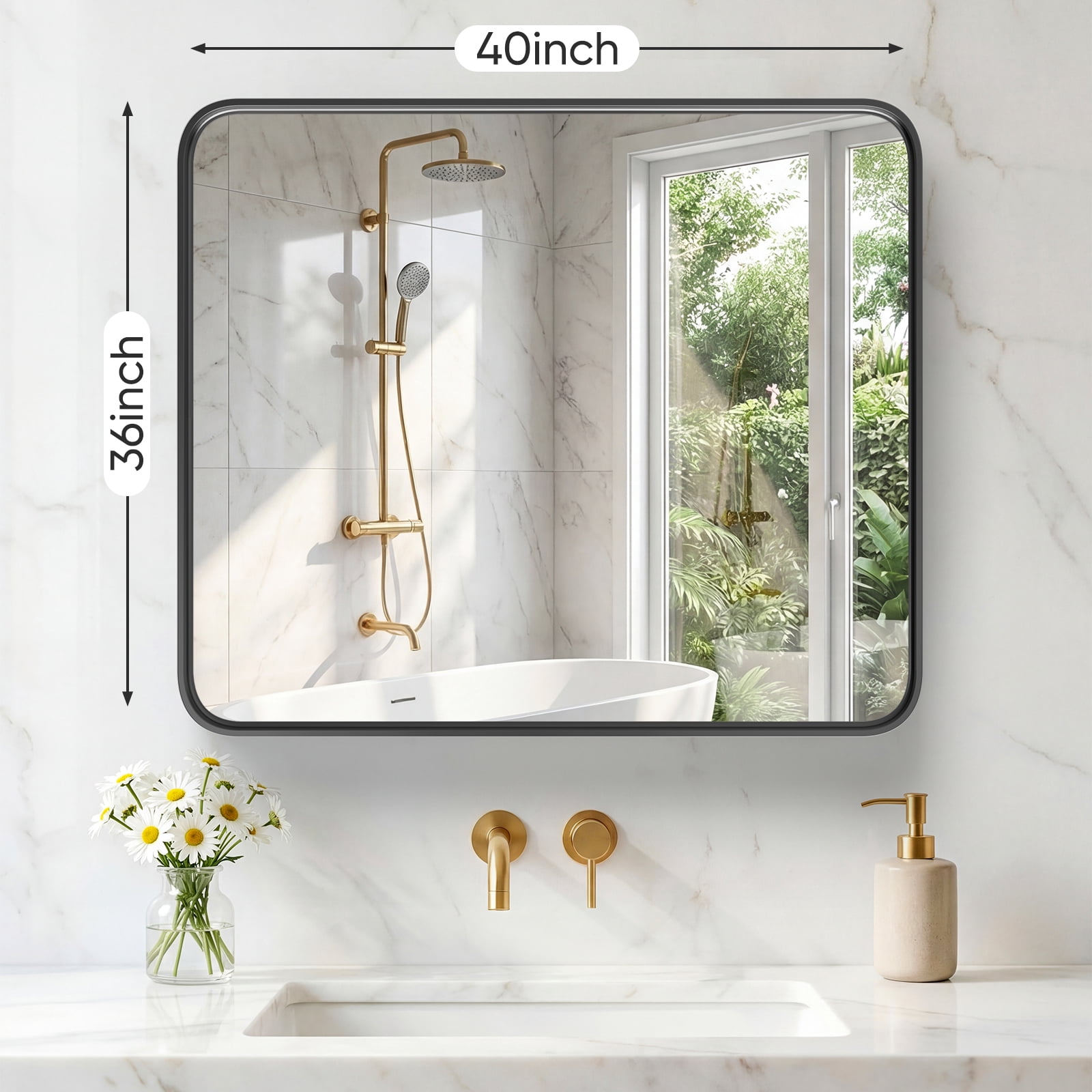 Gianna Anti-Fog Bathroom Wall Mirror – 36" x 40" Shatterproof Vanity Mirror with Rectangular Metal Frame, Black
