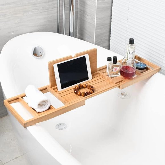 Bamboo Expandable Bathtub Tray Bathtub Caddy Tray Bathtub Shelf Bathtub Storage Rack Wooden Tub Organizer & Holder for Wine, Book, Soap, Phone Suitable for Bathroom Luxury Spa or Reading