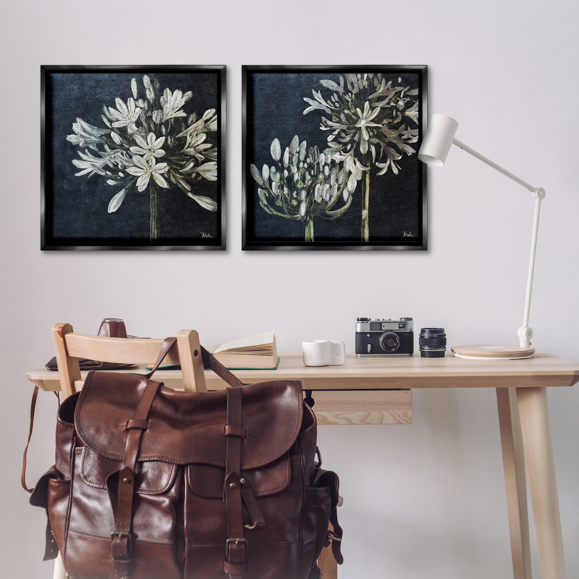 Stupell Industries Blossoming Flower Stem Plants & Flowers Painting Black Floater Framed Canvas Art Print Wall Art, 25 x 25, Set of 2