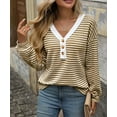 thumbnail image 6 of Women's Casual Loose V-Neck Striped Button Brown Pullover Sweatshirt,Spring/Autumn/Winter,S-2XL, 6 of 6
