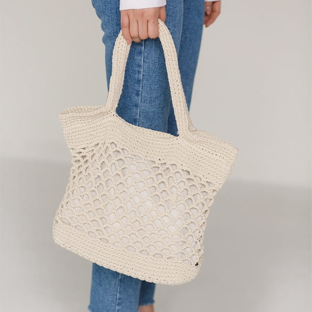 Bolso de hombro tejido hueco de color puro para mujer, Bolso grandes para vacaciones (blanco)