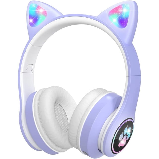 Auriculares Bluetooth para niños con micrófono HD/luces LED (púrpura), Auriculares para niños con Volumen Limitado de 85 dB, Auriculares para niños con Sonido estéreo para Smartphone, iPad, Tableta,