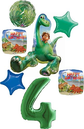 The Good Dinosaur Party Supplies 4th Birthday Arlo and Spot Balloon Bouquet Decorations - Green Number 4
