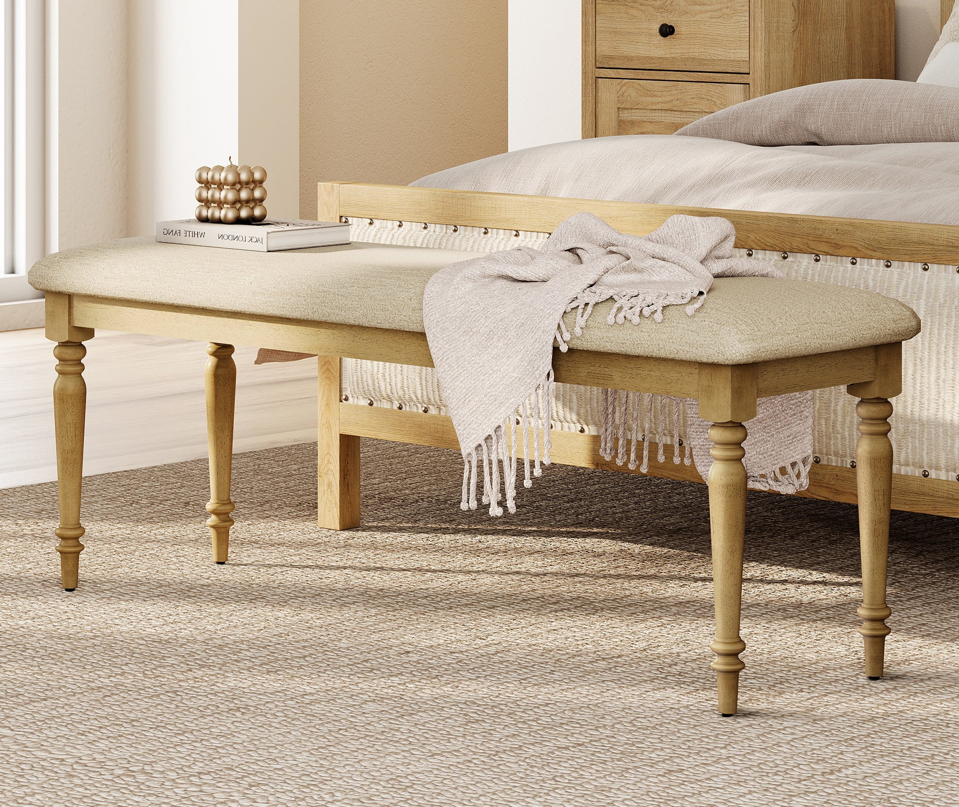End of Bed Bench for Bedroom, Upholstered Bench for Entryway, Oak, 52 Inch
