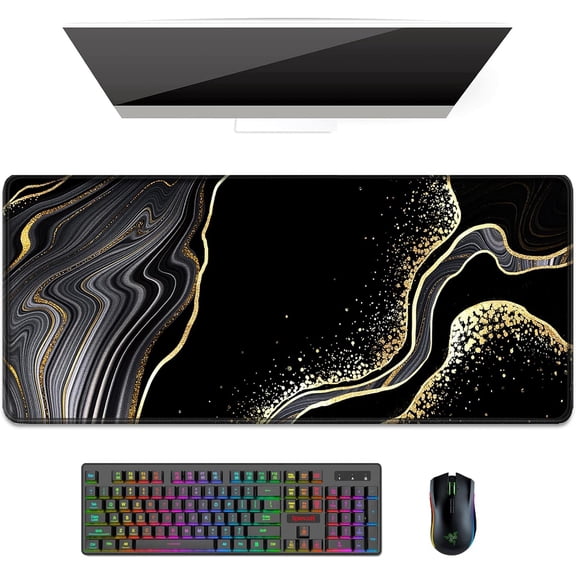 Desk Pad, XL Extended Large Gaming Mouse Pad 31.5 x 11.8 Inch, Waterproof Mousepad with Stitched Edges, Non-Slip Computer Keyboard Laptop Mat for Women Men Office Work, Black Gold River