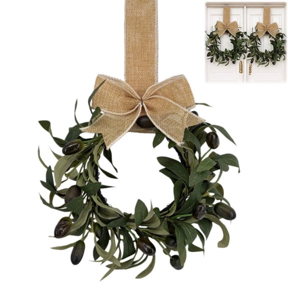 10 Inch Faux Olive Wreath Artificial Greenery with Burlap Bow Plastic Olive Branch Hanging Decor for Front Door Window Mantel Home Wall