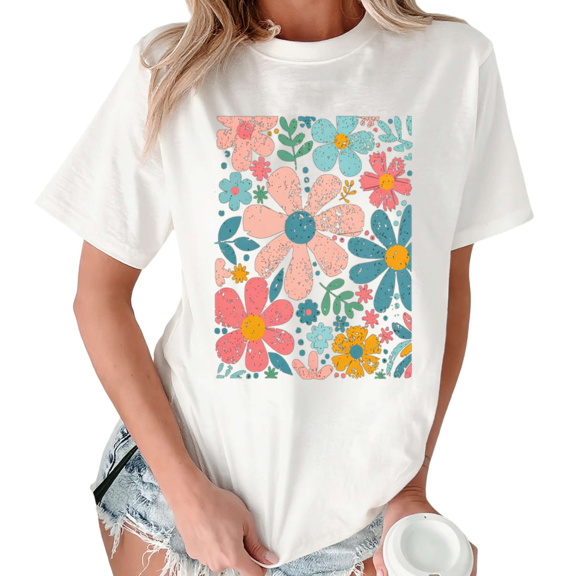 Giffimy Women's Distressed Retro Multicolor Daisy Floral Box Graphic White Short Sleeve T-Shirt Fashion Holiday S-5XL Top