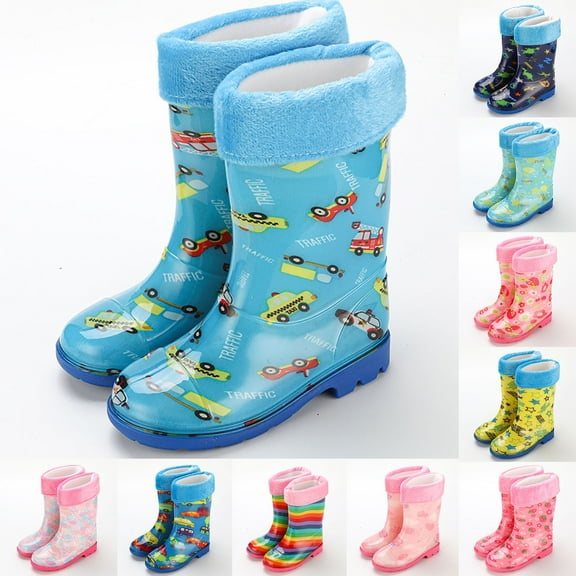 Hpapadks Boys Rain Boots Cartoon Printing Rubber Winter Warm Waterproof Water Shoes Solid Casual Hiking Outdoor Play Mid Calf Blue 6-6.5 Y