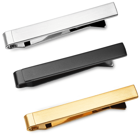 3 Pc Mens Tie Bar Slide Clip Set Skinny Ties 1.5 Inch, Brushed Silver, Black, Gold in Gift Box