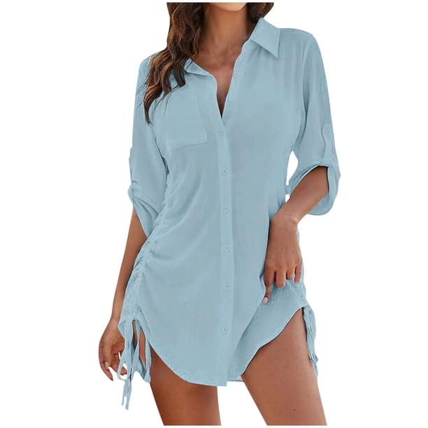 Vestidos de Verano de Mujer Suelto Cuello en V Manga Larga Sólida con Bolsillos, Cómodo Vestido Casual para las Mujeres