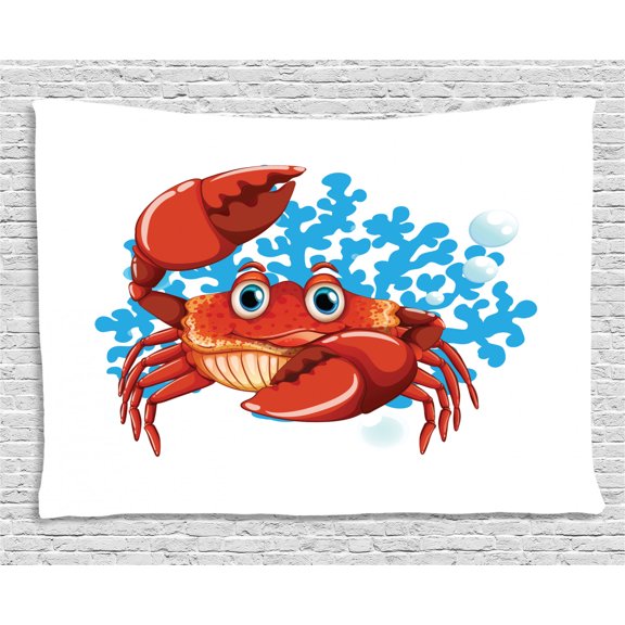 Crabs Tapestry, Cartoon Style Aquatic Animal with Blue Coral Reef in the Back Marine Mascot, Wall Hanging for Bedroom Living Room Dorm Decor, 60W X 40L Inches, Red Blue Pale Orange, by Ambesonne