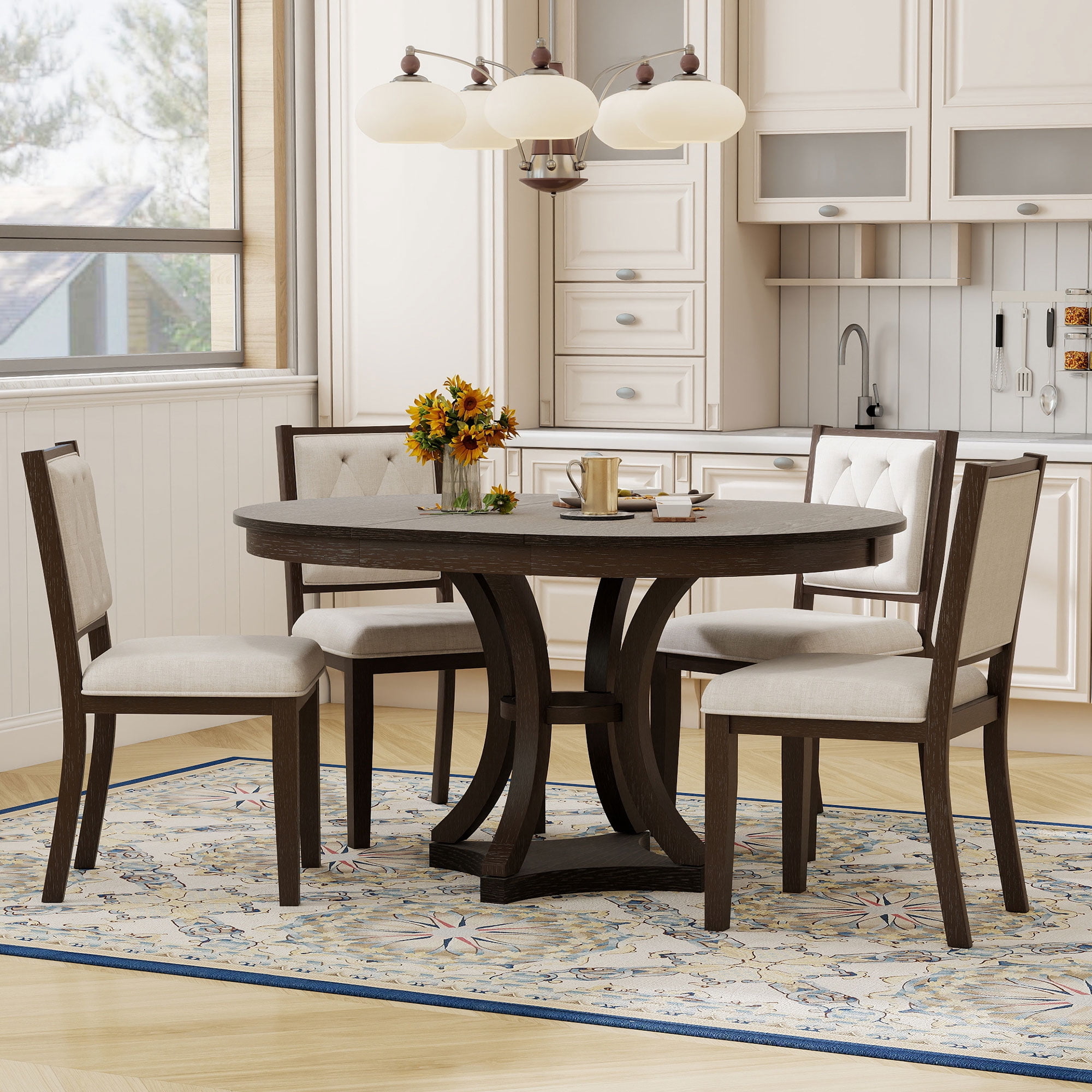 Mintazer 5 Piece Extendable Round Dining Table Set, Retro Expandable Dining Set with Round Table & 4 Tufted Upholstered Chairs for Living Room Dining Room, Espresso