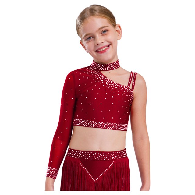 Manyakai Kids Girls Shiny Rhinestone Jazz Latin Modern Lyrical Dance Crop Tops Irregular Shoulder Burgundy 16
