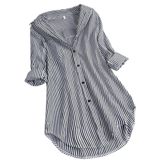 TIHLMK Long Sleeve Shirts for Women Women Stripe Long Sleeve Turn-down Collar Button Loose Top Shirts Blouse Gifts for Women
