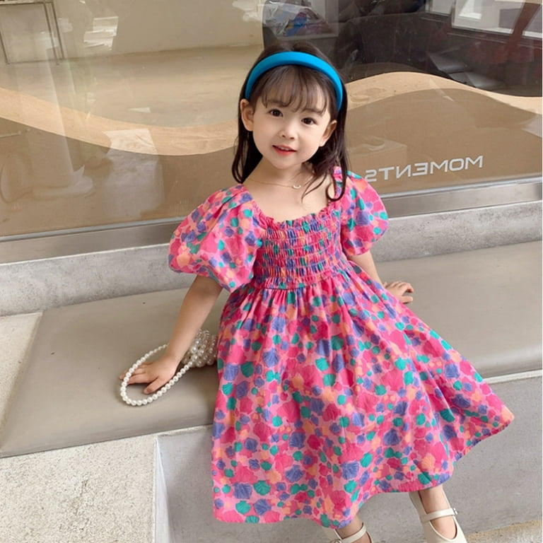 Cathalem Clothes for 4 Year Old Girl Toddler Kids Baby Girls Clothes Summer  Puff Sleeve Floral Pattern Backless Girls 5t Dress Dress Hot Pink 5-6