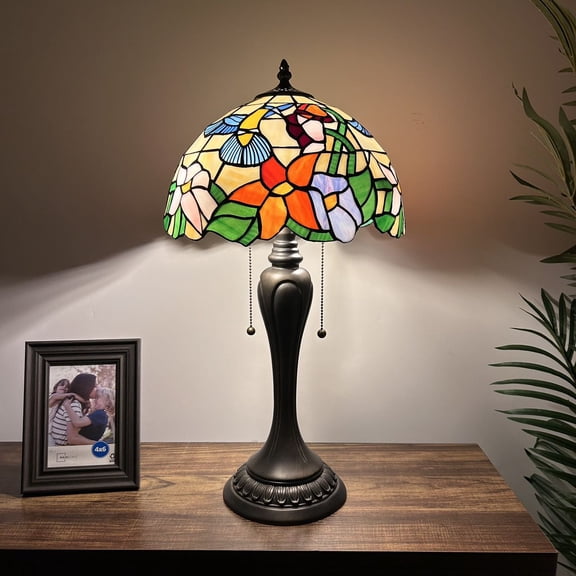 Tiffany Style Table Lamp Pink Blue Stained Glassa Hummingbird Flowers for Living Room Bedroom Bedside 12"W*12"D*22"H