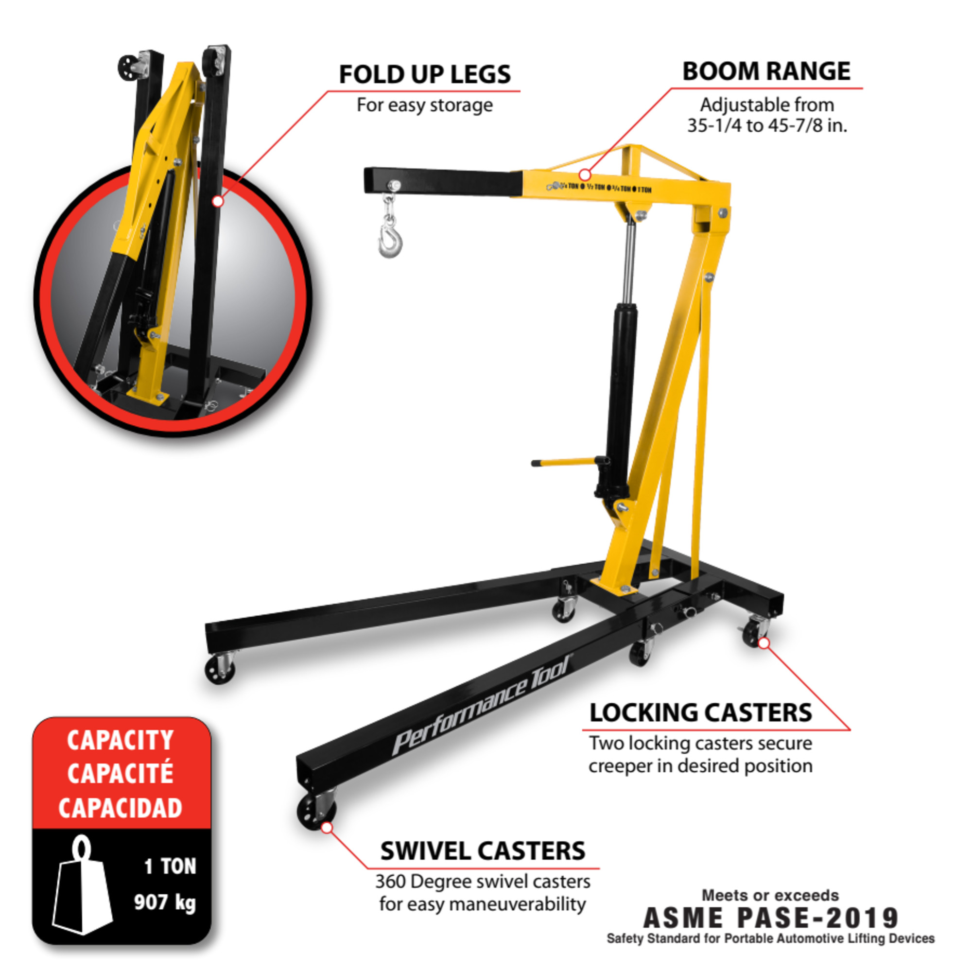 Performance Tool W41049 1-Ton Foldable Shop Crane - Fold-Up Legs, 2,000-Lb. Capacity, Load-Limiting Safety Valve, Yellow
