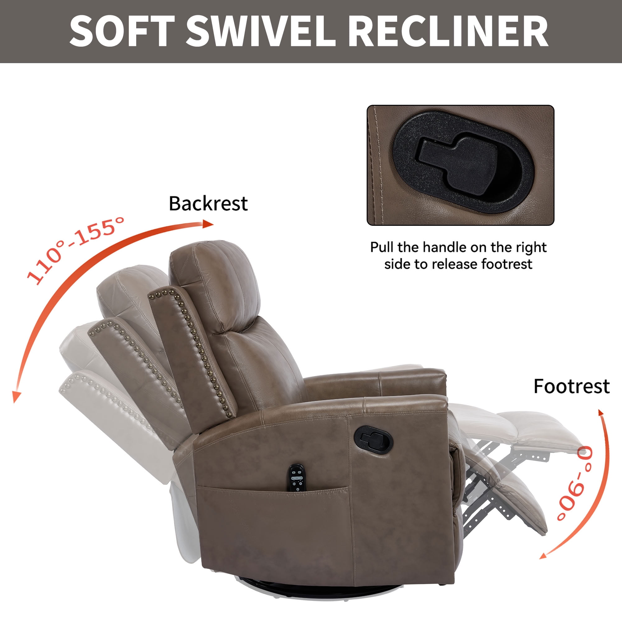 MAYEERTY Genuine Leather Swivel Recliner Chair, Manual Rocker Lounge Chair with 8-Point Massage & Lumbar Heat, for Living Room Home Theater