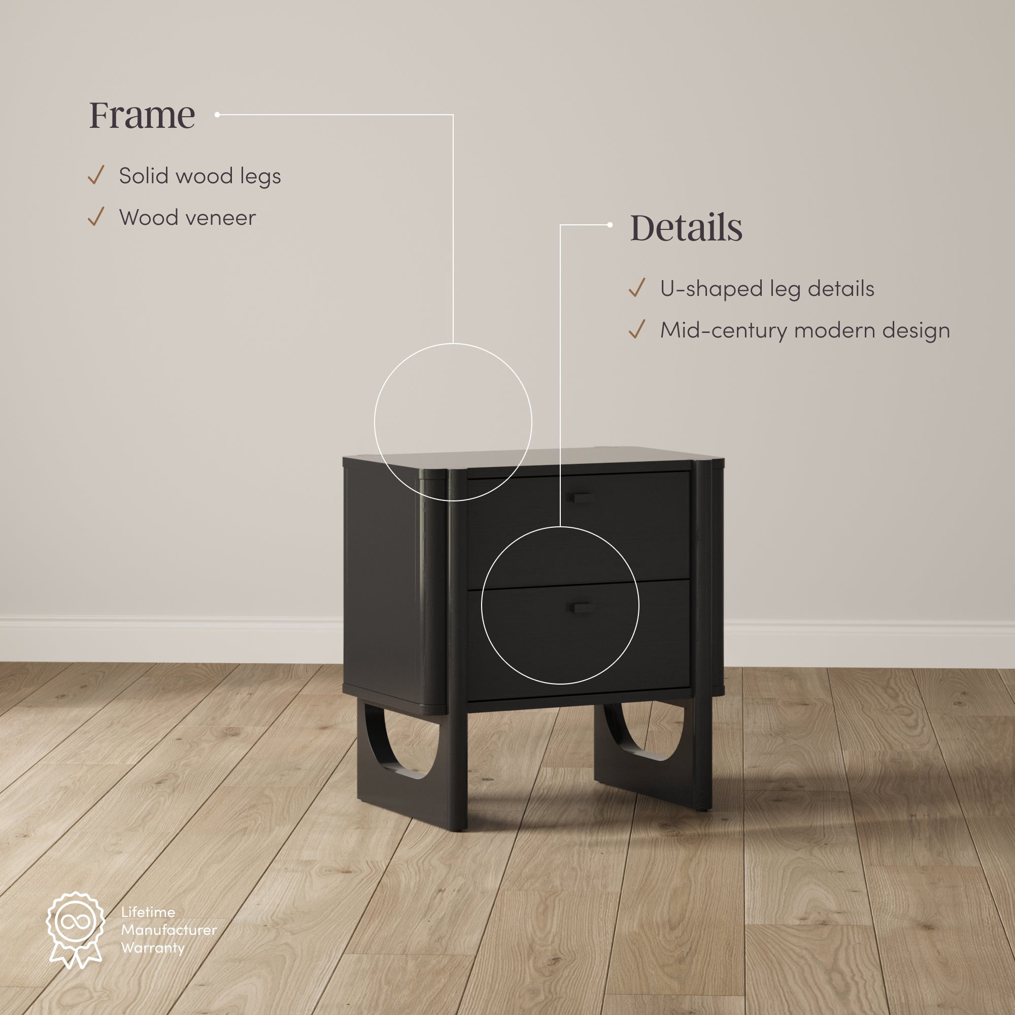 Nathan James Solace Mid Century Modern 2 Drawer Nightstand with Solid Wood Frame and Rounded Details, Black