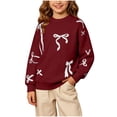 thumbnail image 2 of Lutiedan Christmas Bow Sweater for Girls Cute Crew Neck Knit Sweater Kids Long Sleeve Holiday Pullover Size 5-16,Wine, 2 of 8