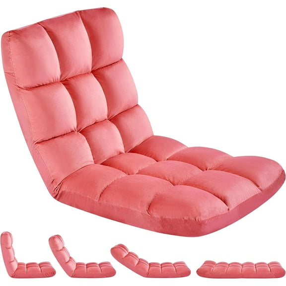 RONG-3 Floor Folding Chair with Back Support, Padded Folding Gaming Sofa Chair with 14 Adjustable Backrest, Adults Couch Recliner, Floor Seating Lounge Chair, Armless Meditation Chair,Pink