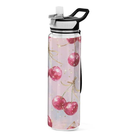 1000ML Transparent Sports Water Bottle with Handle & Straw Portable Water Bottle for Outdoor Camping Gym Watercolor Sparkling Cherries