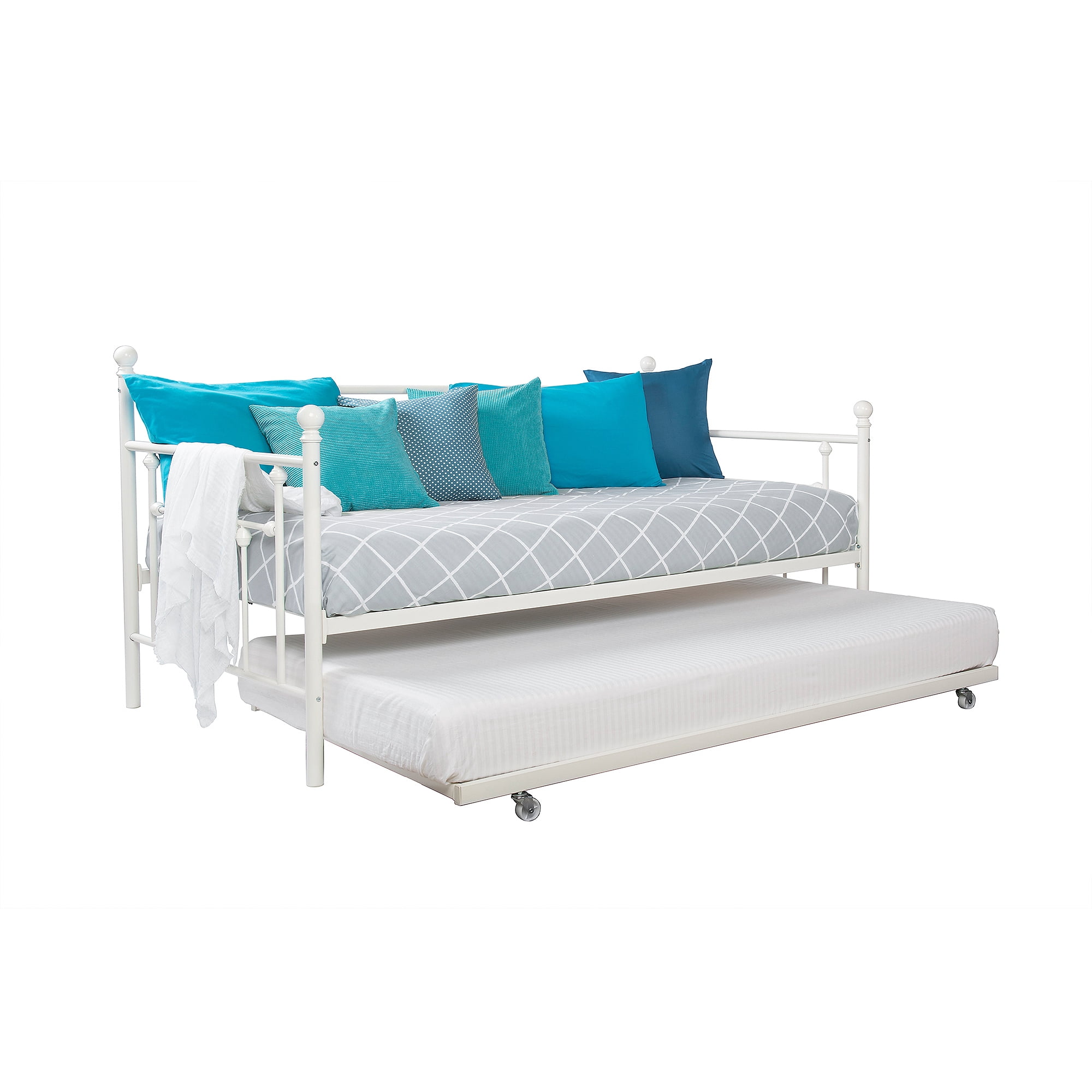 Twin Size Daybed with Rollout Trundle Manila White Metal Day Bed Guest Room
